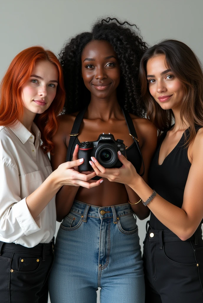 Generate a portrait of 3 girls
A white one with red hair and photographer, one black woman with long hair taking photos and another white woman with long, straight brown hair is a makeup artist
