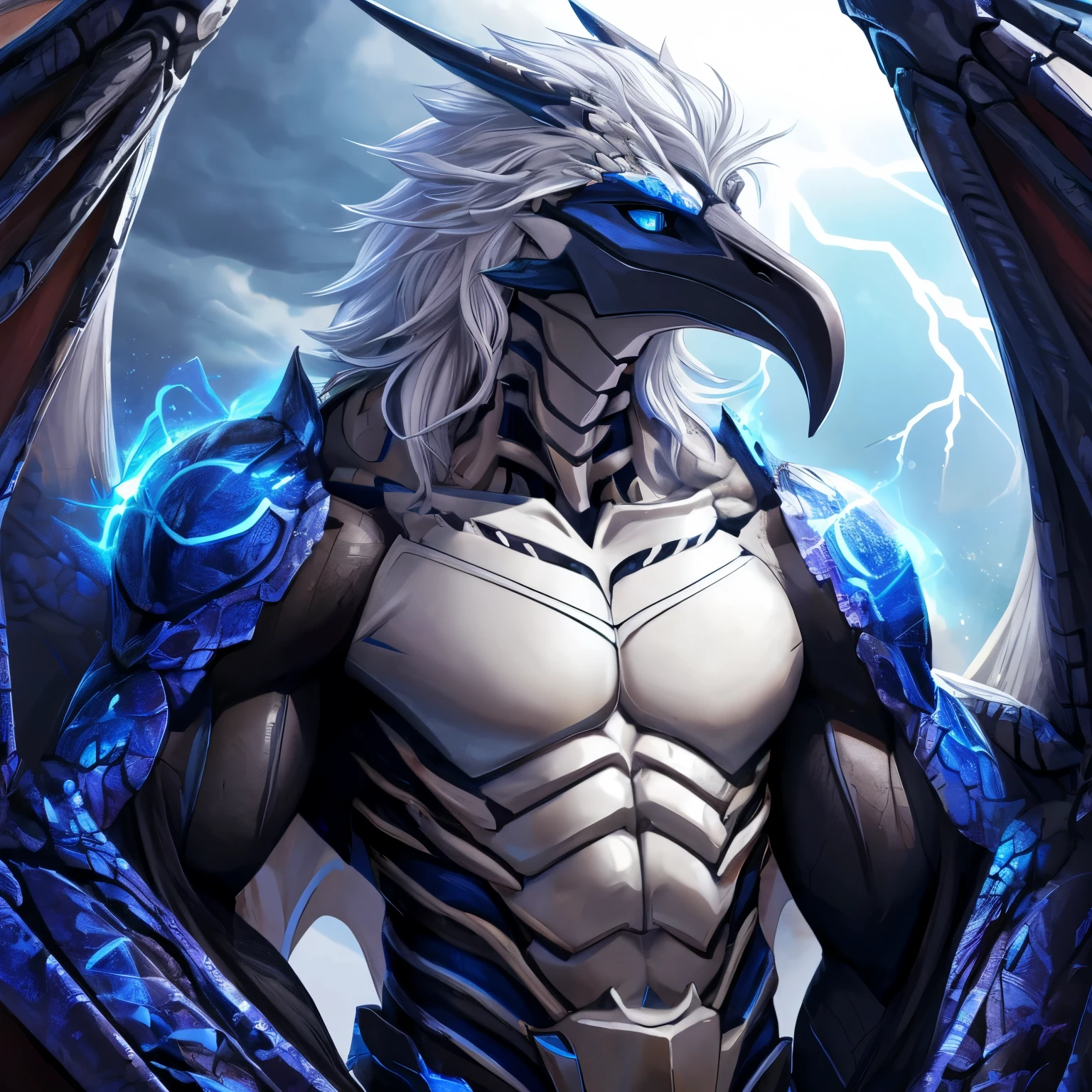 wyvern skeleton, White hair all over the body, Blue eyes, Cover your whole body with lightning, hair is white and long, abdominal muscles are also progressing well, gazing into distance, sharp and long beak, arms become wings, Gentle expression