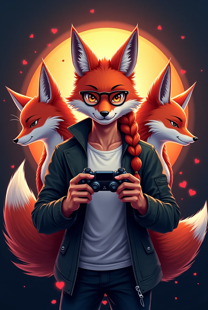 A logo with a sexy female fox with red hair on the left, A strong male fox wearing glasses in the middle holding a video game controller, A sexy female fox on the right with darker fur.