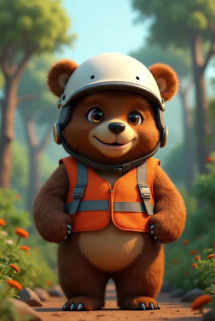 The bear Baloo with a white helmet and an orange vest