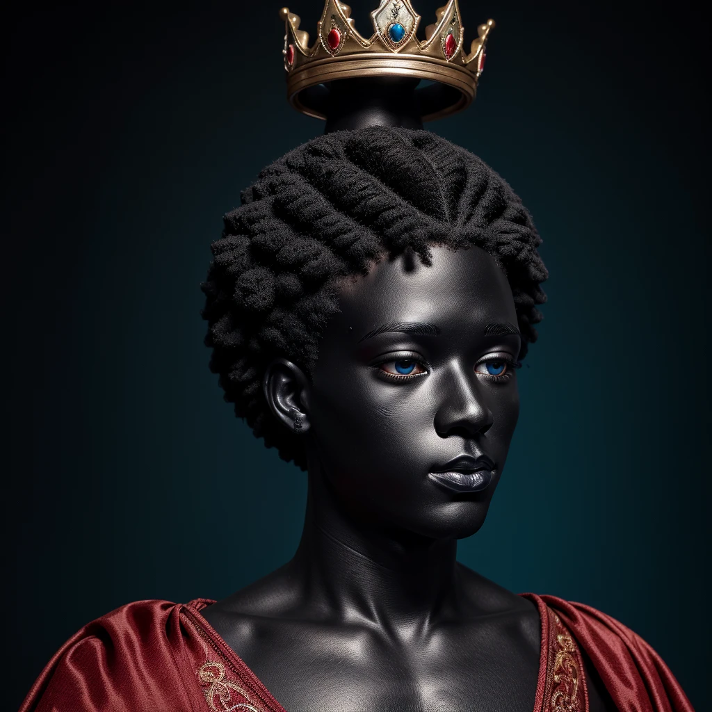 A black mannequin in man anatomy with no face, eyes, mouth or nose wearing a royal crown, with graphic elements colored in cyan and brick red, comes to life in stunning detail. The elegant form of the male mannequin with no face, eyes, mouth or nose contrasts beautifully with the vibrant splash of colors, creating a mesmerizing visual feast. This image is a digital work of art, meticulously crafted to showcase the intricate details of the black mannequin's costume. Put a royal outfit on the man mannequin.