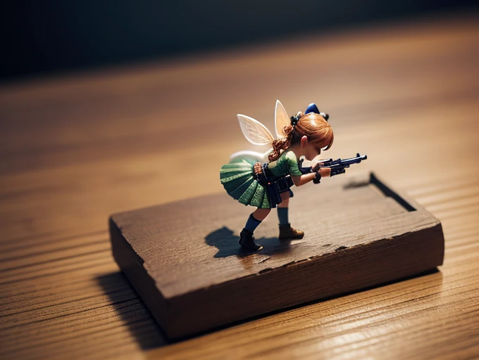 Minature, little fairy without , trying to push gun trigger, gun is on the table, high resolution, depth of field, high detailed, masterpiece, 32k, isometric perspective
