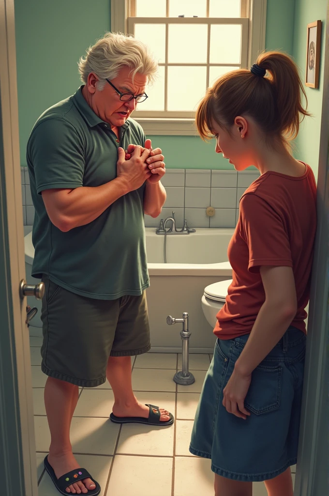 Kevin Chamberlin desperate desperate to pee clutching tightly in his crotch, friends with three others/Debbie Ryan plumbing the toilet in the bathroom/Rear shot of Cameron Boyce peeing on the bathtub.