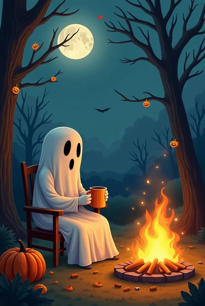 chill Halloween images, a ghost having coffee in front of a bonfire. The illustration must be with cozy corners and small spaces, The scene needs to look and transmit peace 