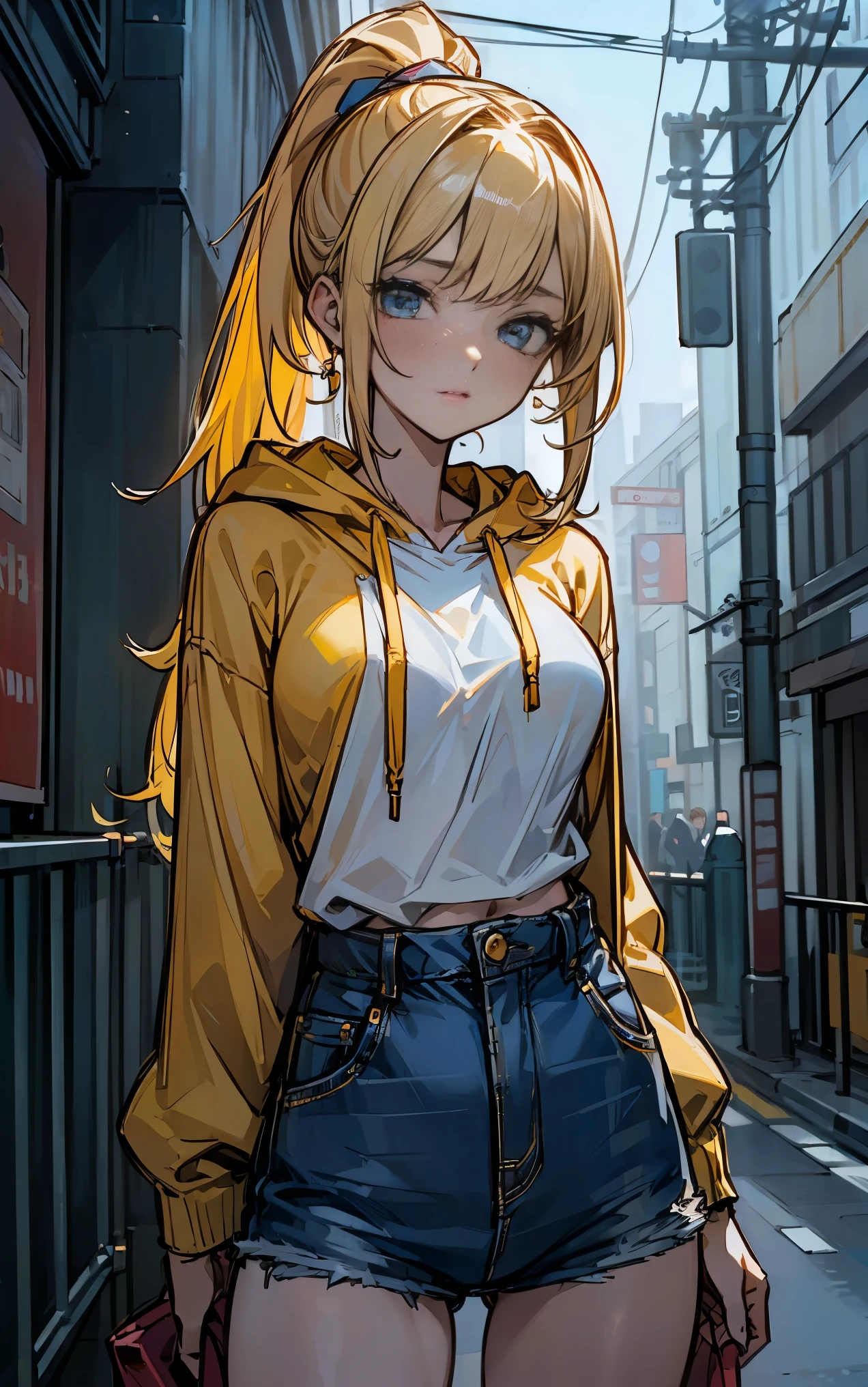 (((Masterpiece))), (((Best Quality))),Ultra High Resolution, Caustics, Detailed, (Beautiful Detailed Eyes),Perfect Anatomy,nsfw,20 year old beauty,slender body,oily skin, gleaming skin,shiny skin,medium breasts,blue eyes,sad, pondering, long hair, ponytail with two wisps front, yellow multi-colour hair, white hoodie, sexy bra、Denim Microshorts、bustling street、congestion, mini short jeans, yoja panties, exercising , looking down at the viewer.