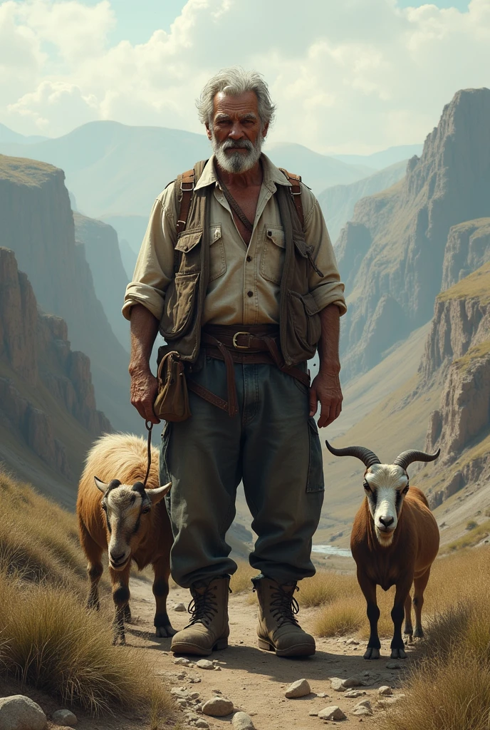 A man in the northeastern backlands with a weary expression near a goat.