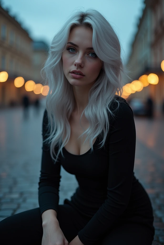 Beautiful girl with white skin, light gray hair, with bright shining eyes, Shiny skin, beautiful black manicure, Beautiful nails, pearl skin, In a black dress, beautifully detailed fingers, professional photo, 4K, a high resolution, high detail, realistic, looks straight, is sitting, Against the backdrop of St. Petersburg, evening