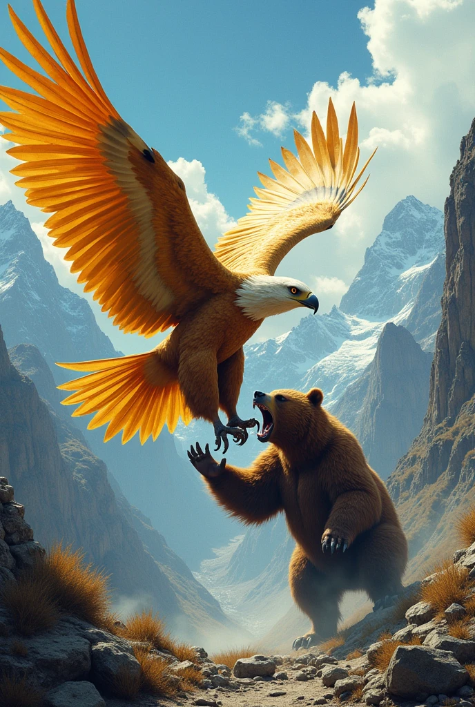 Generated an image of a giant golden eagle catching a bear