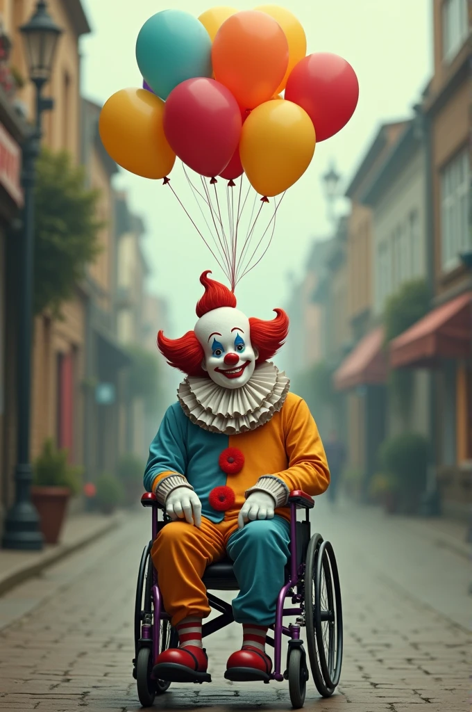 A clown in a wheelchair with balloons in his hands