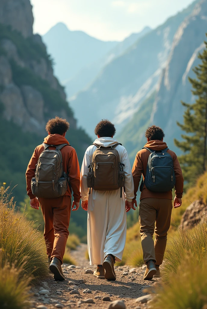 Male black Friends hiking along side JESUS in adventurous journey facing back in modern time trip