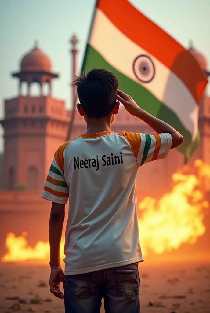 Backside Neeraj saini name t-shirt boy, salut Indian flag, infront of rèd fort,fire