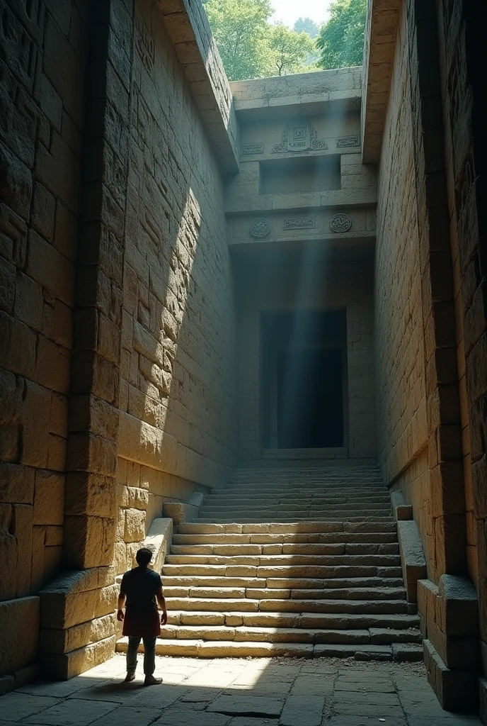 15. A secret passage in the temple, discovered by a researcher, with steps leading to a hidden chamber.