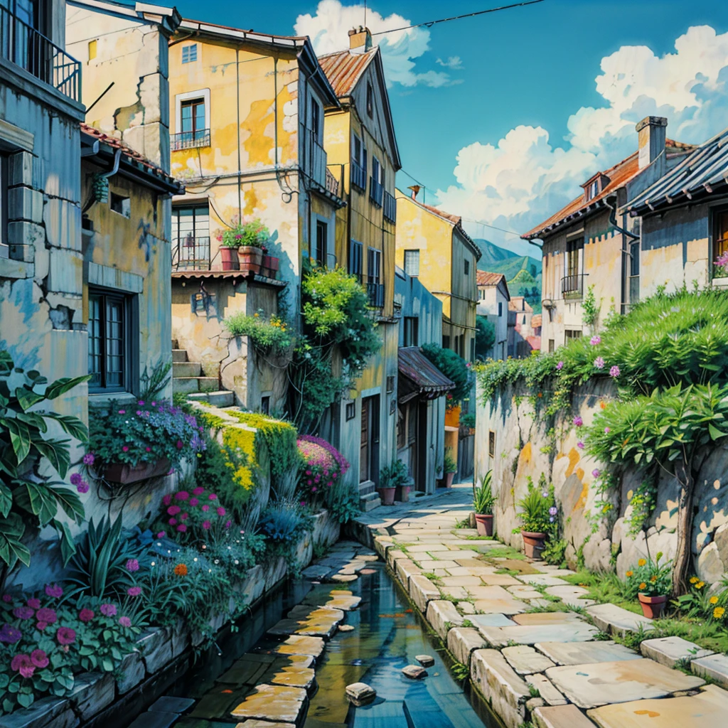 a painting of a narrow street with potted flowers, by Frances Jetter, greek art, by Demetrios Farmakopoulos, narrow street, ancient mediterranean village, greece, colorful landscape painting, gorgeous painting, architectural painting, vibrant gouache painting scenery, colorfull painting, colorful painting, mediterranean fisher village, beautiful painting, narrow streets, art painting, vibrant painting, greek architecture, 4k hd,, beautiful art uhd 4 k, a beautiful artwork illustration, beautiful digital painting, highly detailed digital painting, beautiful digital artwork, detailed painting 4 k, very detailed digital painting, rich picturesque colors, gorgeous digital painting