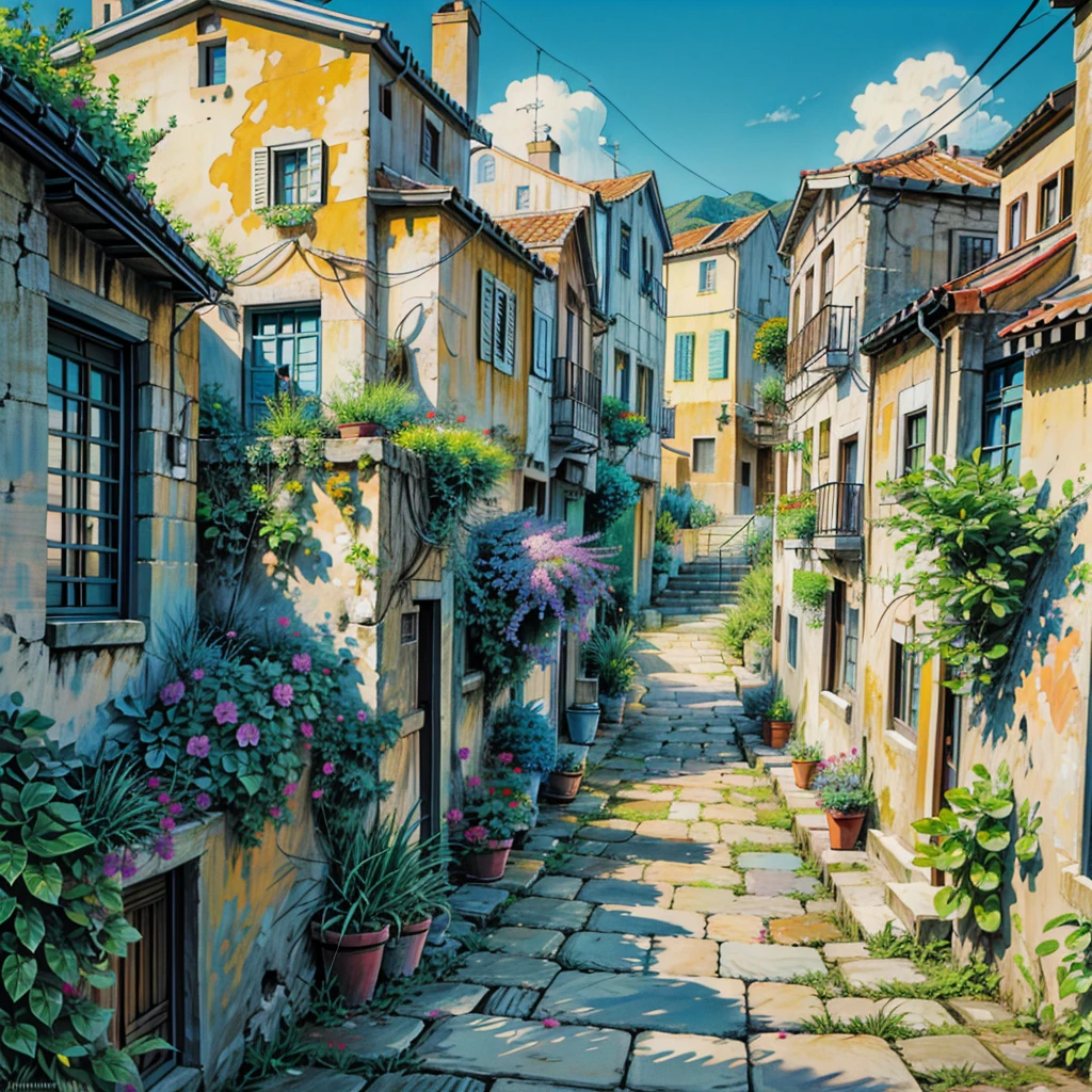 a painting of a narrow street with potted flowers, by Frances Jetter, greek art, by Demetrios Farmakopoulos, narrow street, ancient mediterranean village, greece, colorful landscape painting, gorgeous painting, architectural painting, vibrant gouache painting scenery, colorfull painting, colorful painting, mediterranean fisher village, beautiful painting, narrow streets, art painting, vibrant painting, greek architecture, 4k hd,, beautiful art uhd 4 k, a beautiful artwork illustration, beautiful digital painting, highly detailed digital painting, beautiful digital artwork, detailed painting 4 k, very detailed digital painting, rich picturesque colors, gorgeous digital painting