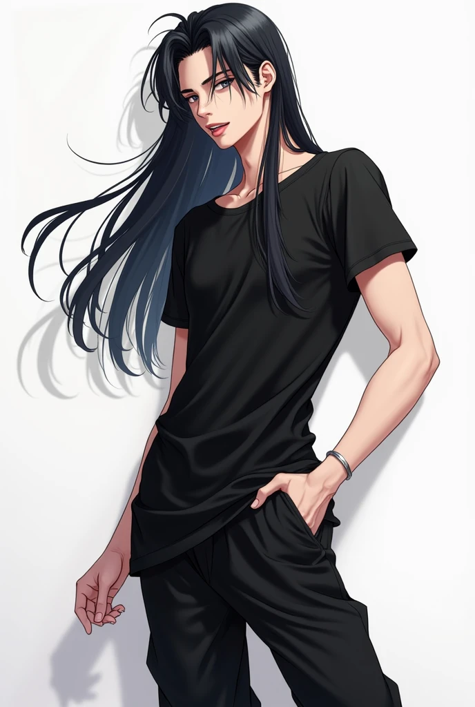 man, full length, anime art, young, long black hair to the shoulders, beautiful facial features, grey eyes, thin build, realistically, shows tongue, sexual, masterpiece, in a black T-shirt and loose black leggings.