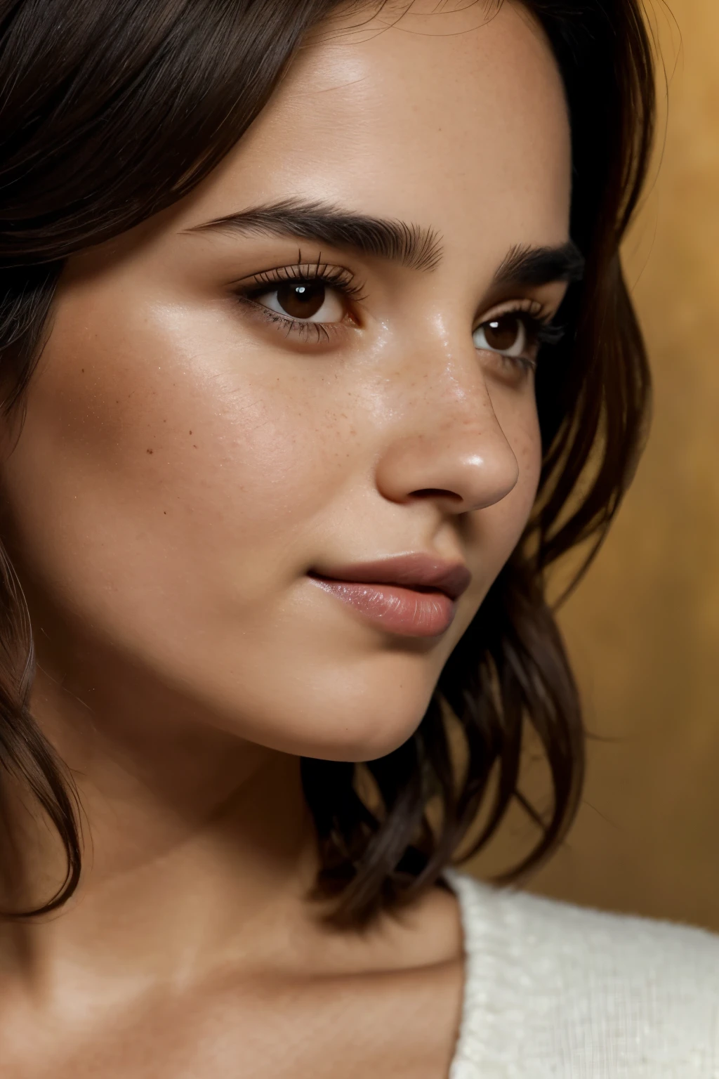Close up dark brown hair, Dark brown eye color, brown skin color, charismatic, profiled nose, girl with medium short hair and medium round face, with freckles. ((( Face de Emma Watson:0.6))) ((( face of Penelope Cruz:0.7))) ((( facing Emilia Clark:0.9))) ((( light lipstick:0.9)))