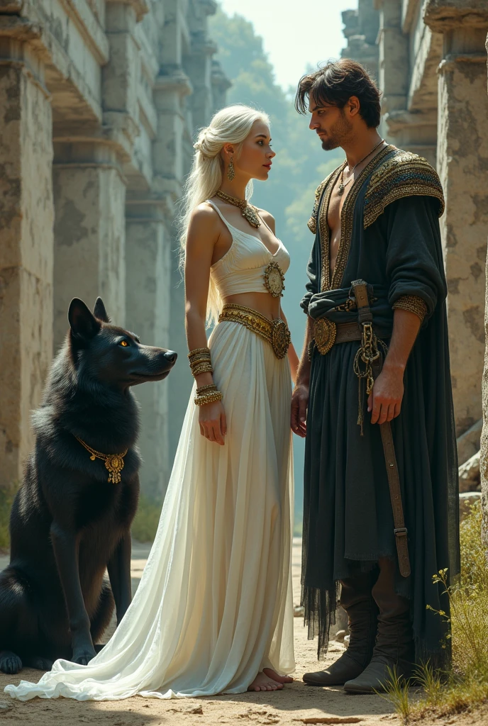 white skin woman, black fur, in Mexican ruins, along with a black wolf, yellow eyes, by the wavy bow, head on, with a white top held by a gold necklace, a white skirt held by a gold belt, with bracelets on her wrists, The suit is separate, beside her a man, high, marked, with green eyes, talking to her