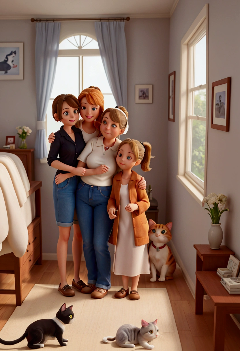An emotional scene in a Pixar-style animated drawing, featuring two young adult sisters and their elderly mother viewed from behind, inside a room. They are hugging while standing in front of a large window, with the mother in the middle, hugging both daughters. The sister on the left is overweight, with brown hair tied in a ponytail, while the sister on the right has platinum blonde hair also tied in a ponytail. The elderly mother, standing between them, has short, slightly wavy gray hair, is slim, and a bit shorter than the two daughters. They are wearing casual clothes.

They are waving goodbye as they watch an airplane flying into the sky, heading towards California. In the room, there is a comfortable sofa, a coffee table with some magazines, and a floor lamp beside it. On the windowsill, there are several cats and a small Yorkshire Terrier dog saying goodbye, with the following characteristics: a yellow cat, an orange tabby cat, a Siamese cat, a brown and white Siamese cat, a white cat with two black spots, a very fat black and white cat, an elegant black and white cat, a gray cat, and a gray and white cat, all scattered around the room, looking towards the window. The yellow cat is waving goodbye to the airplane. A black cat is in the foreground, close to the camera, taking a selfie of the scene with a phone, smiling slightly. The scene is highly detailed, with warm sunlight filtering through the window, creating a nostalgic and emotional atmosphere. The entire image is in high definition.