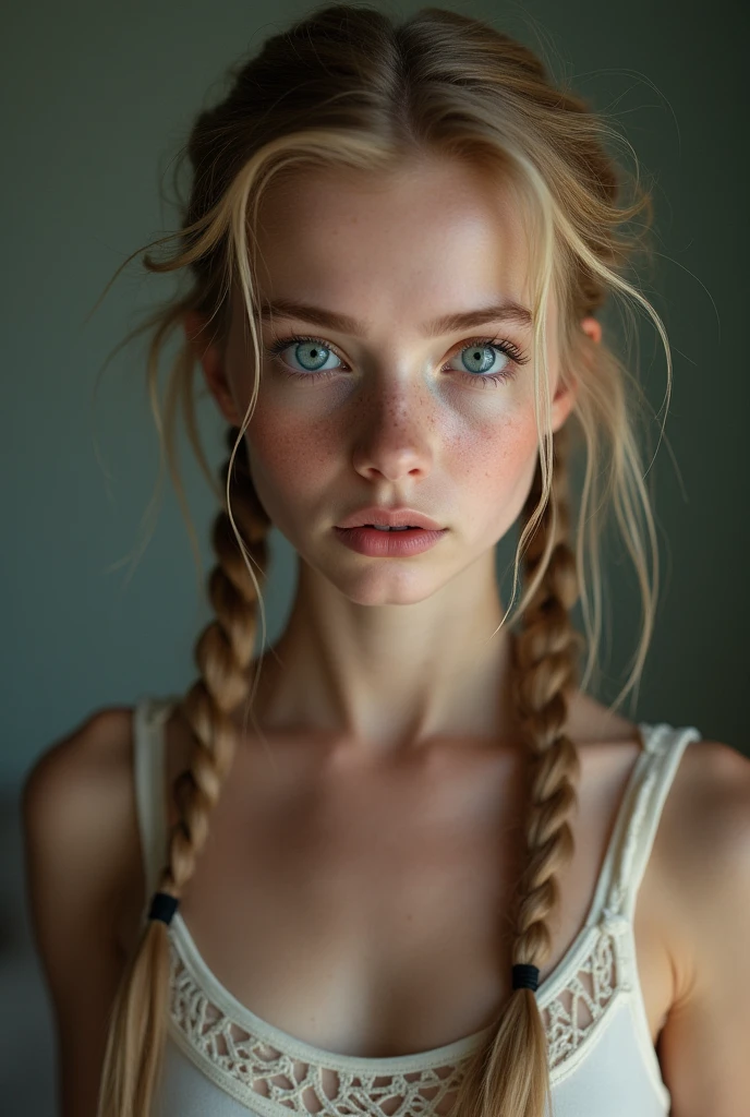 A girl 18 years old long blonde braided pigtails very thin does naked ballet, without clothes,flat-chested,small breasts,Make-up smeared,Makeup run,perfect lips, schwarzerLippenstift, braces, freckles,big eyes,blue eyes,sweating, sweats heavily,Wet,Very detailed, best quality, extremely detailed face, perfect lightning, Ballet studio, backdrop, sexly, erotic, unique, 4K, masterpiece, full body picture, legs apart without panties