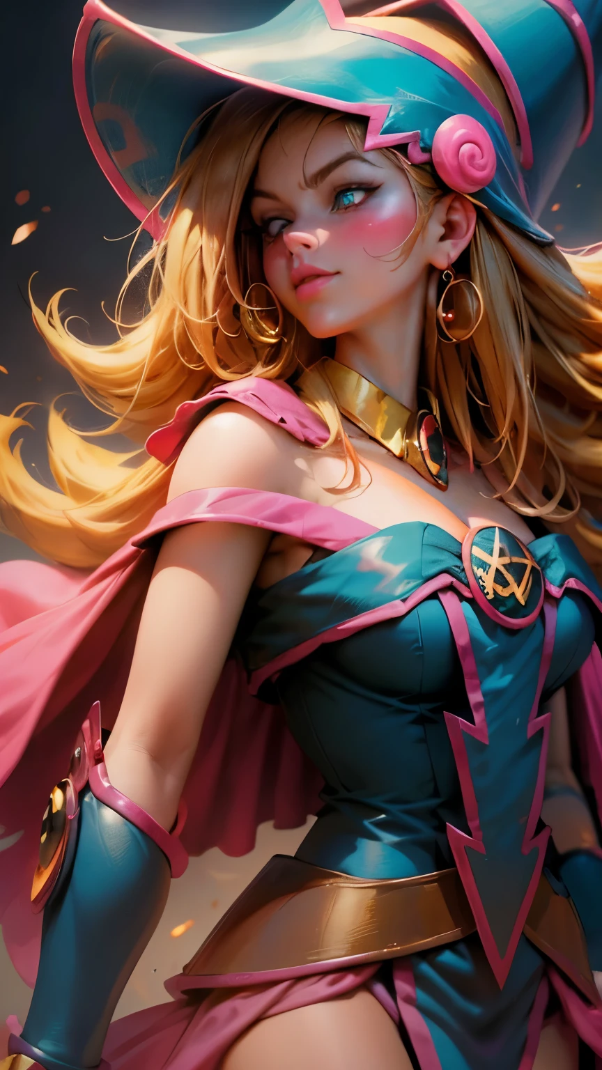 Create the beautiful face of dark magician gils. blue eyes. pink lips. Tez blanca. blonde curly hair. Big laughs. Tender girl smile. dark wizard gils