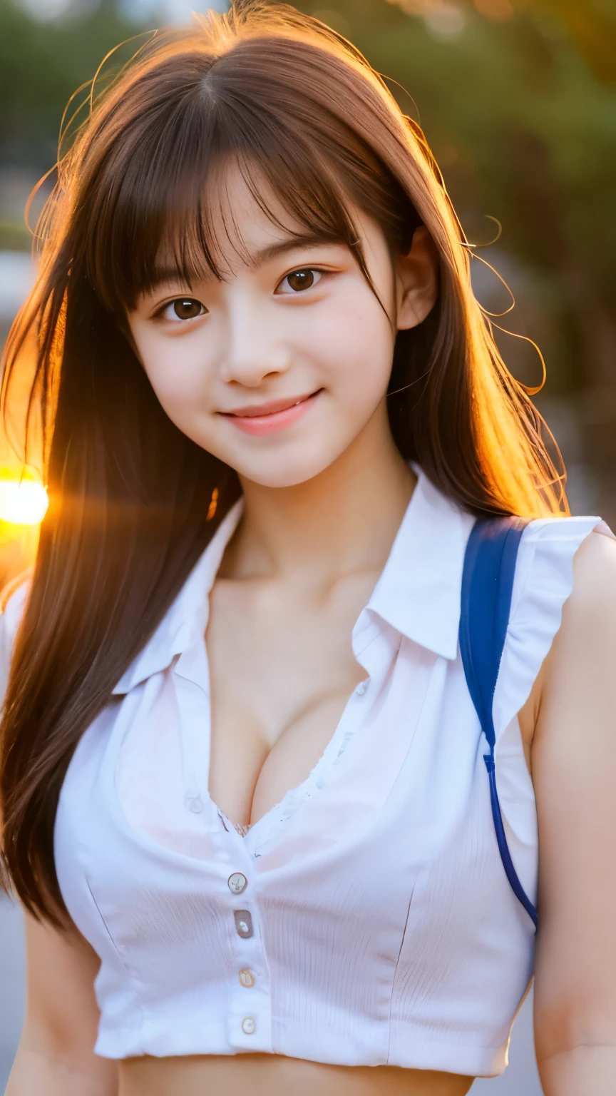 High resolution, masterpiece, 1girl, A very cute face like an idol, Looks like a young face, 18 year old, Gentle and cute, A kind smile, Cleavage, school uniform, schoolyard with beautiful sunset,  whole body, RAW Photos, Genuine, live-action, Artistic,