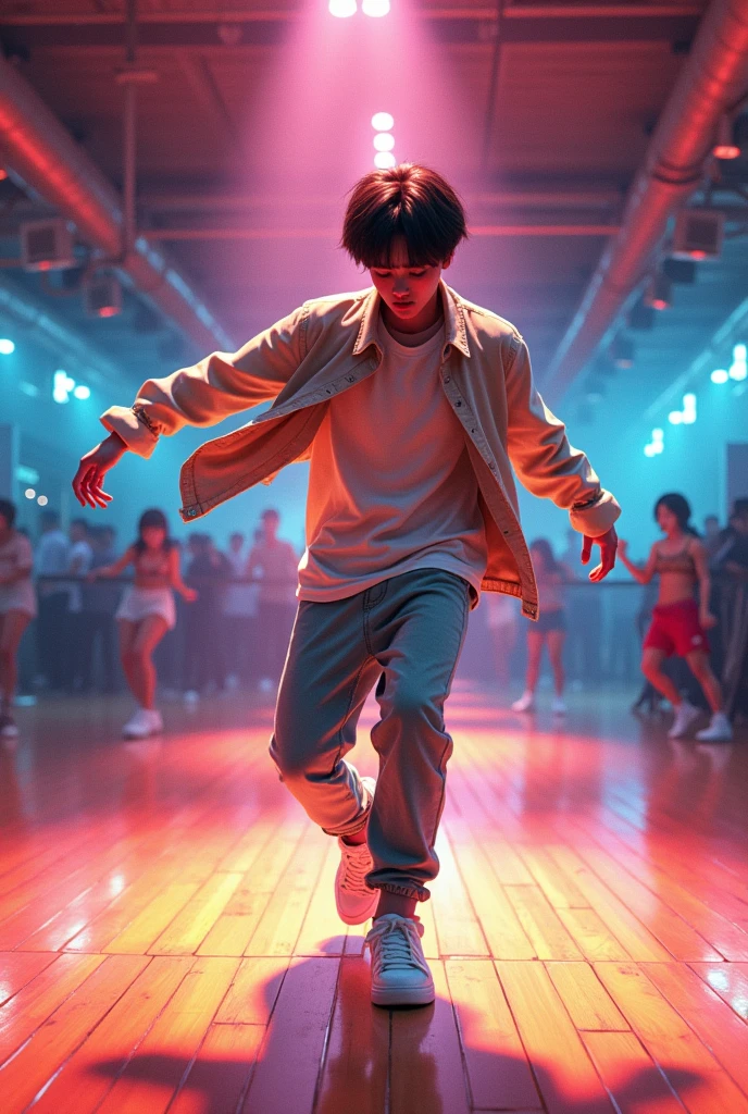 Make me a book cover where a brown-haired boy is dancing hip hop, in a dance hall, for practice and he's Korean and a little thin, wearing light clothing for my dance where you can't see his face, He's about , He looks like Taehyung from BTS 