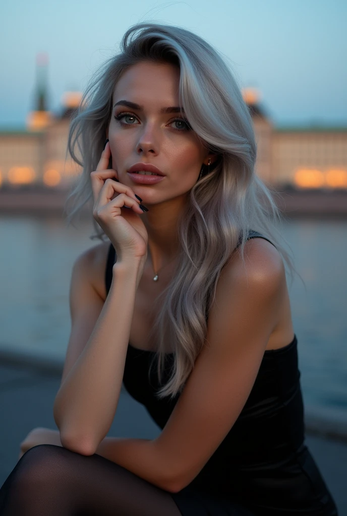 Beautiful girl with white skin, light gray hair, with bright shining eyes, Shiny skin, beautiful black manicure, Beautiful nails, pearl skin, In a black dress, professional photo, 4K, a high resolution, high detail, realistic, looks straight, is sitting, Against the backdrop of St. Petersburg, evening