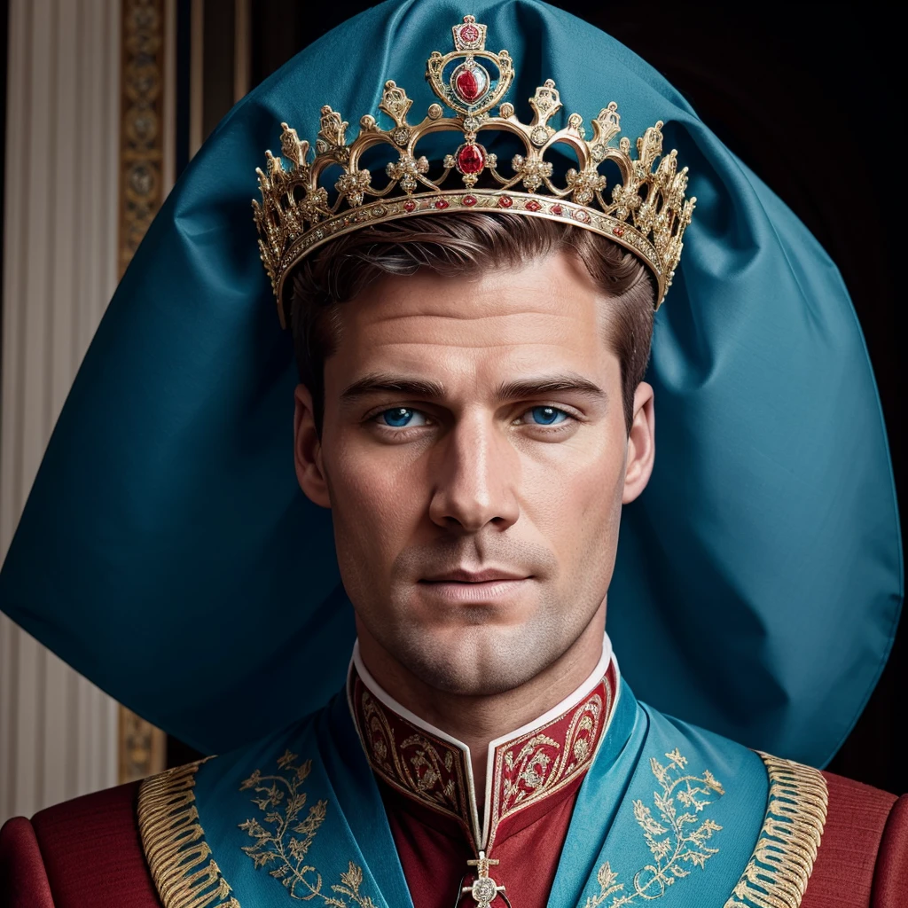 A white man anatomy with no face, eyes, mouth or nose wearing a royal crown, with graphic elements colored in cyan and brick red, comes to life in stunning detail. The elegant form of the male with no face, eyes, mouth or nose contrasts beautifully with the vibrant splash of colors, creating a mesmerizing visual feast. This image is a digital work of art, meticulously crafted to showcase the intricate details of the costume. Put a royal outfit on the man.