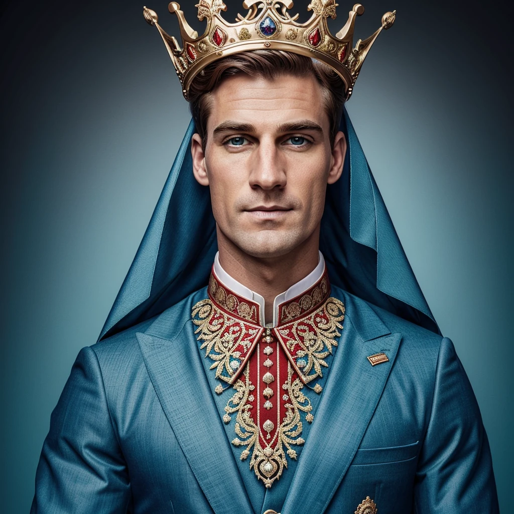 A white man anatomy with no face, eyes, mouth or nose wearing a royal crown, with graphic elements colored in cyan and brick red, comes to life in stunning detail. The elegant form of the male with no face, eyes, mouth or nose contrasts beautifully with the vibrant splash of colors, creating a mesmerizing visual feast. This image is a digital work of art, meticulously crafted to showcase the intricate details of the costume. Put a royal outfit on the man.