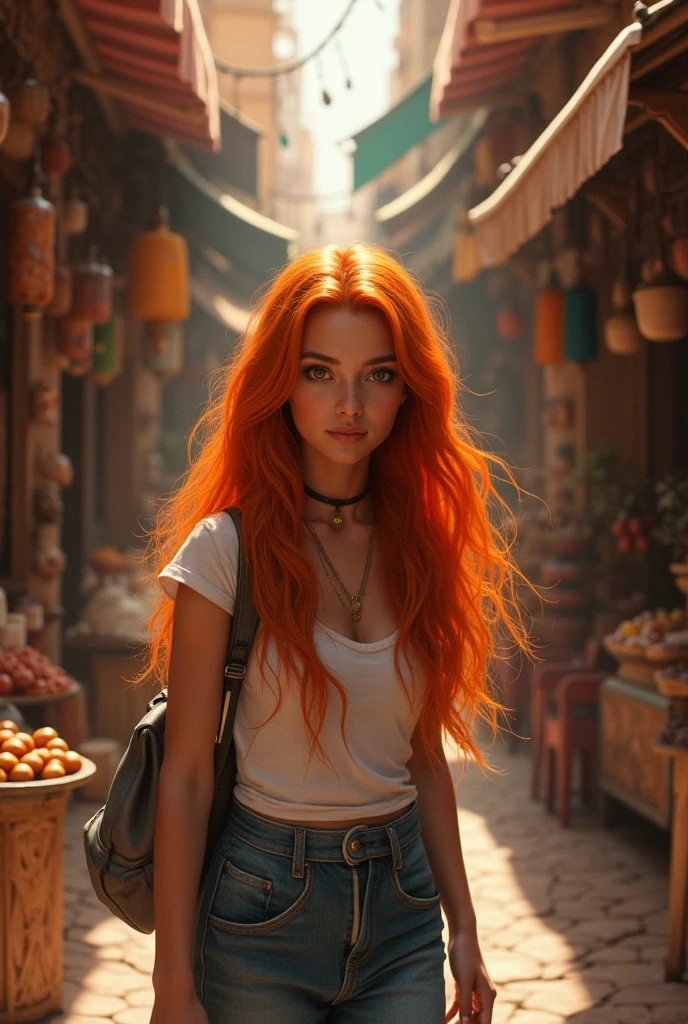 xxmix_girl, detailed eyes, spice-orange hair, a woman navigates the labyrinthine alleys, surrounded by the rich scents and colors of exotic wares. Her spice-orange hair is reminiscent of the aromatic stalls, becoming a vivid highlight amidst the sensory overload. Her eyes, curious and adventurous, soak in the eclectic tapestry of Moroccan culture.