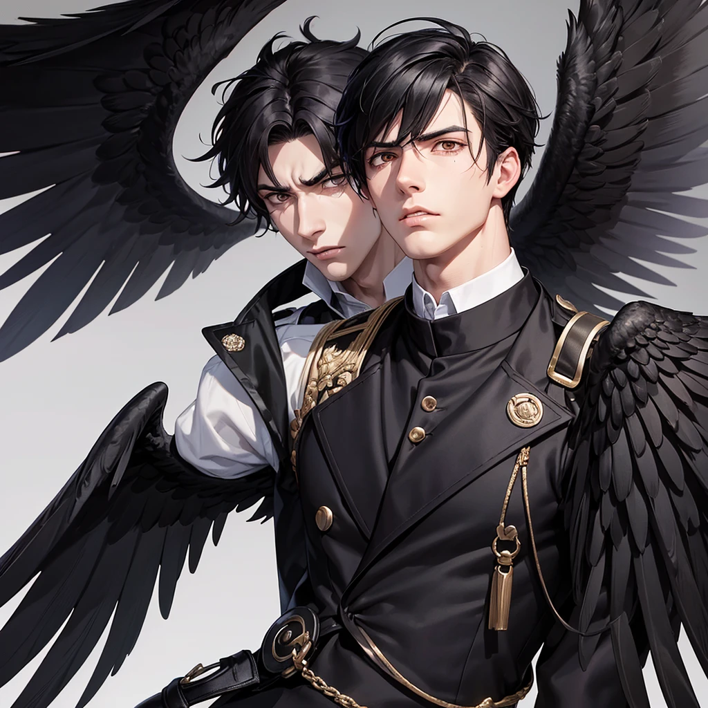 Handsome young male with black wings crying with an angry look, staring at the humans around him. 