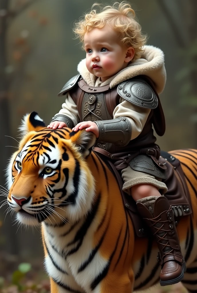 CREATE AN IMAGE OF A 2-YEAR-OLD BABY, DRESSED IN STEAMPUNK-STYLE ARMOR, RIDING ON TOP OF A SIBERIAN TIGER.