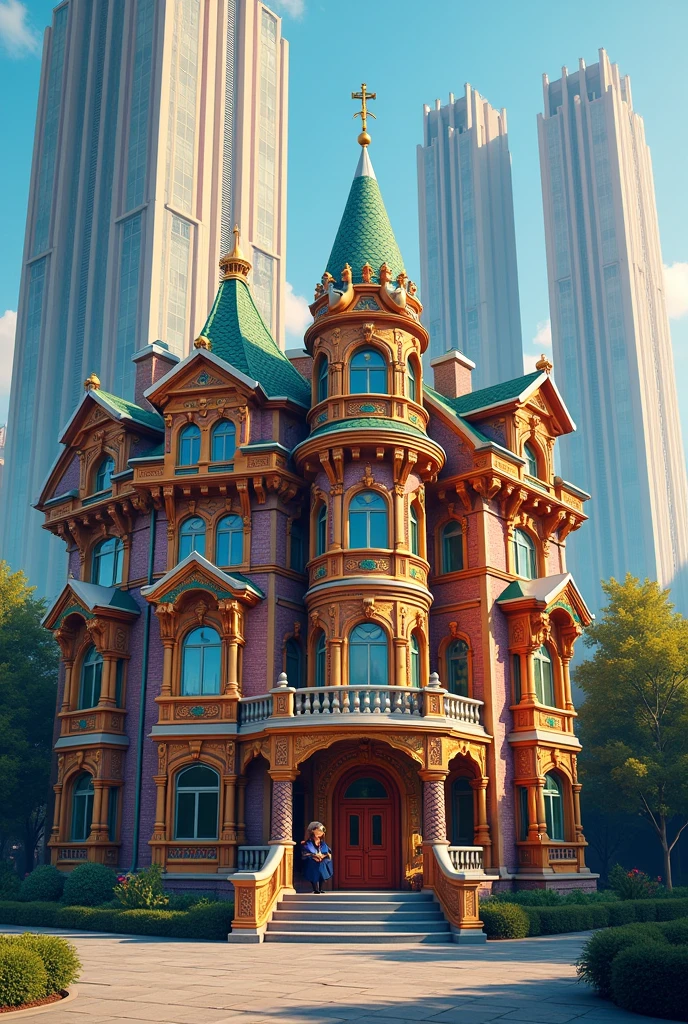Moscow or Russian house, colorful, European type, with Soviet skyscrapers, Soviet Union