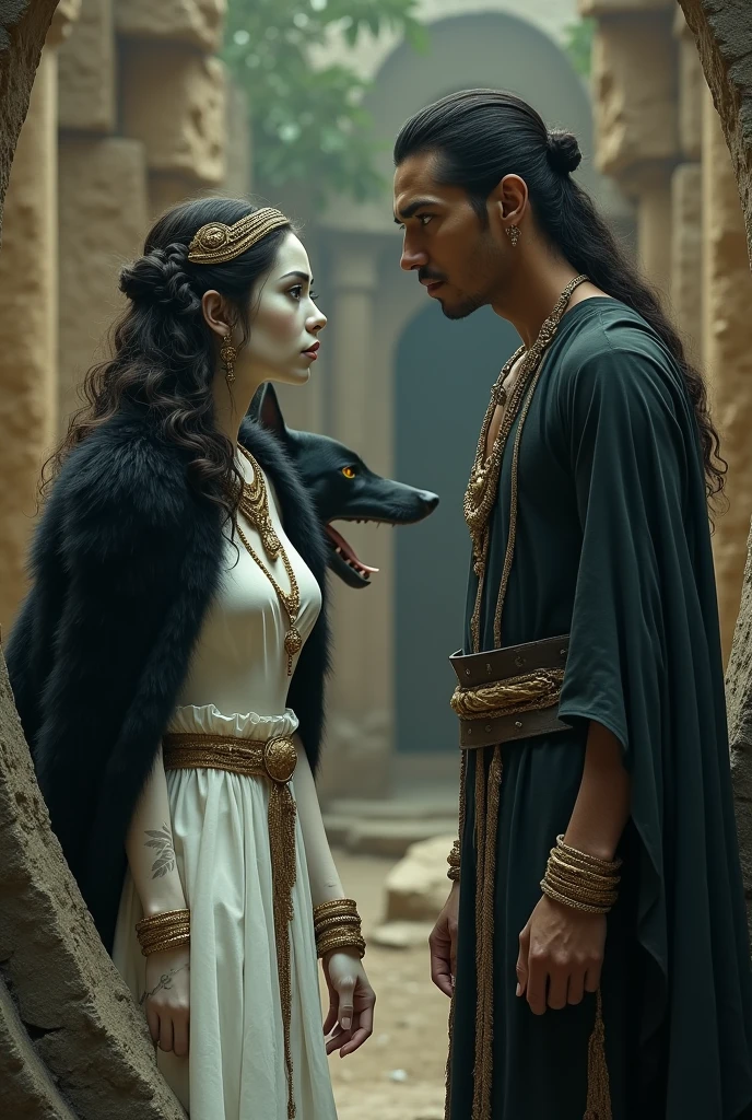 white skin woman, black fur, in Mexican ruins, along with a black wolf, yellow eyes, by the wavy bow, head on, with a white top held by a gold necklace, a white skirt held by a gold belt, with bracelets on her wrists, The suit is separate, beside her a man, high, marked, with green eyes, talking to her