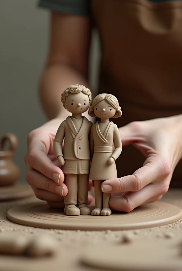Image of a potter's hands holding a family made of clay
