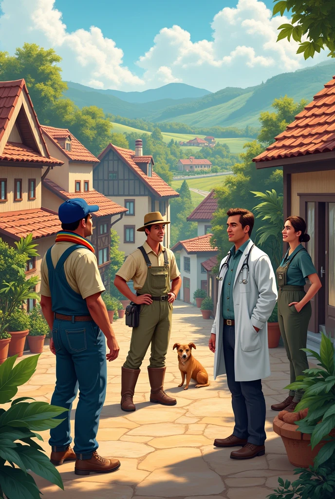 Les professionnels et la population
1 maire, 1 agriculteur, 1 guide, 1 veterinarian, 1 doctor
Animals : not specifically but why not
Environment : vue sur un village ou un bourg (vue en haut du vigneau de Licques serait parfait …)
The idea of the drawing :
Un groupe de professionnel semble en pleine discussion sur le terrain et semble discuter d’une problématique qui concerne leur Bourg
Le bourg doit comporter des maisons d’habitations, a farm and a health house
The elected official is in a tailor shop
The mayor wears a tricolour scarf
The doctor has a white coat and a stethoscope
The veterinarian is wearing boots and a stethoscope
The farmer has a jumpsuit and work boots
