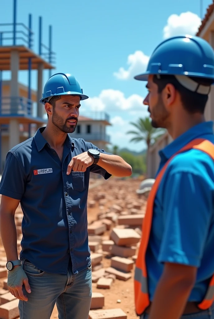 In a construction site in Brazil, During the summer, an engineer is visibly nervous and points to the watch on his wrist, showing irritation with the delay of a bricklayer. The engineer is wearing a dark blue shirt, with the name "URBPLAN" written in white on his chest. The bricklayer, who has just arrived, He looks apprehensive as he faces the situation. Ao fundo, the construction of a house is in progress, with blue details, like scaffolding and equipment. The clear blue sky and the surrounding environment reinforce the hot and sunny climate typical of summer. The blue color predominates in the image, present in the engineer's clothing, in the elements of the work and in the sky, conveying seriousness and discipline in the work environment