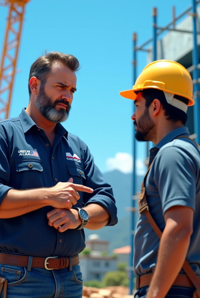 In a construction site in Brazil, During the summer, an engineer is visibly nervous and points to the watch on his wrist, showing irritation with the delay of a bricklayer. The engineer is wearing a dark blue shirt, with the name "URBPLAN" written in white on his chest. The bricklayer, who has just arrived, He looks apprehensive as he faces the situation. Ao fundo, the construction of a house is in progress, with blue details, like scaffolding and equipment. The clear blue sky and the surrounding environment reinforce the hot and sunny climate typical of summer. The blue color predominates in the image, present in the engineer's clothing, in the elements of the work and in the sky, conveying seriousness and discipline in the work environment