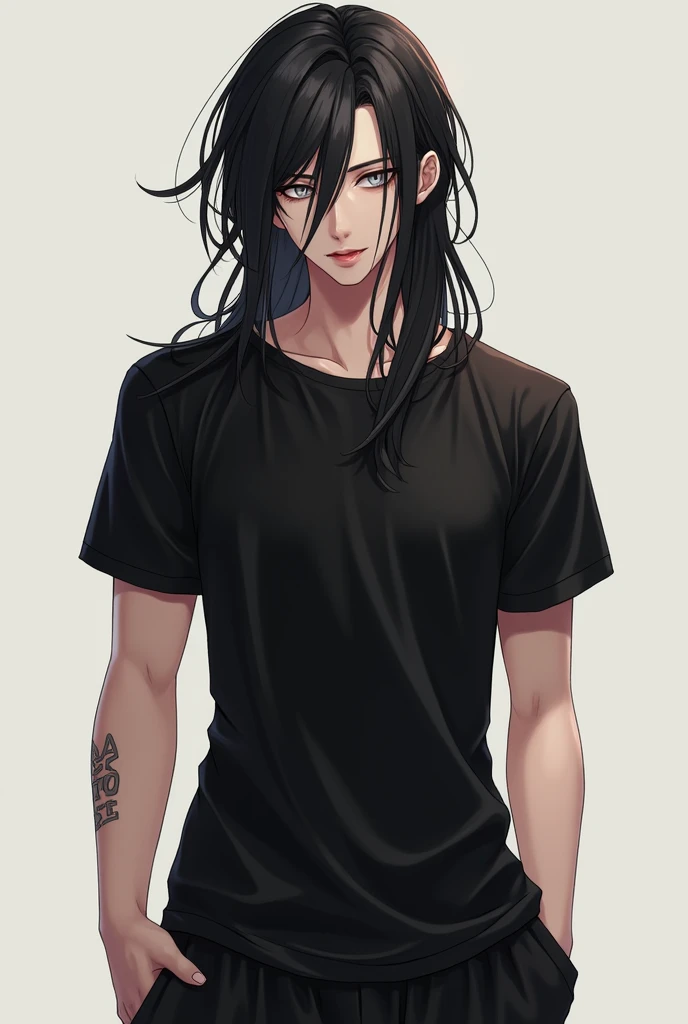 man, full length, anime art, young, long black hair to the shoulders, beautiful facial features, grey eyes, beautiful slender physique, realistically, shows tongue, sexual, masterpiece, in a black T-shirt and loose black leggings.