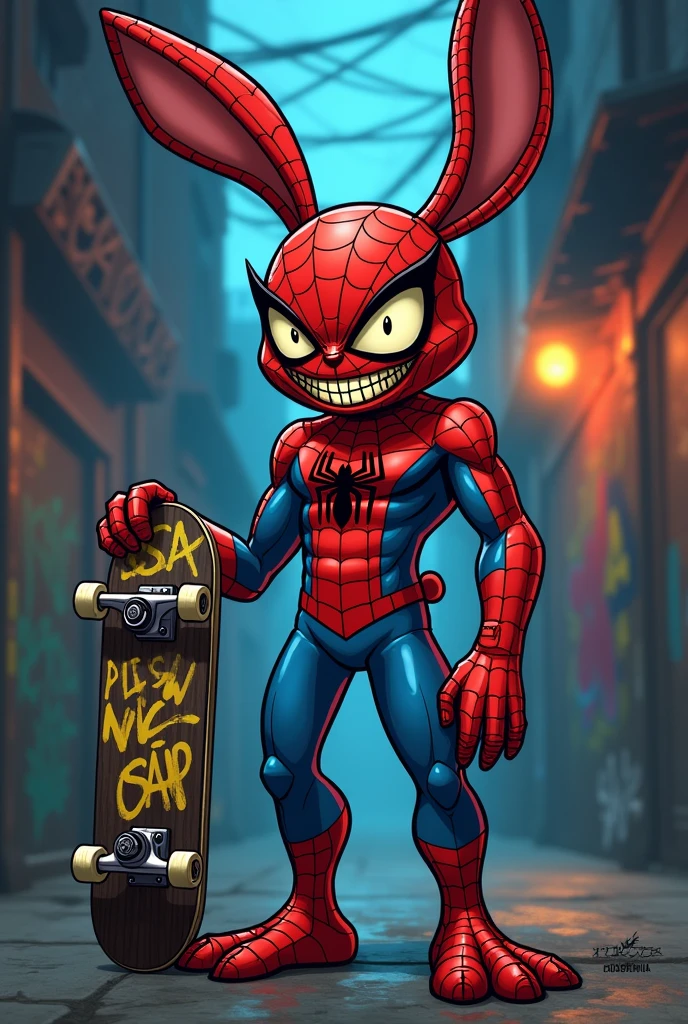 Human Rabbit, Spider-Man fantasy in a gangster style, holding a skateboard, evil face and scar on the eye, artwork style: cartoon