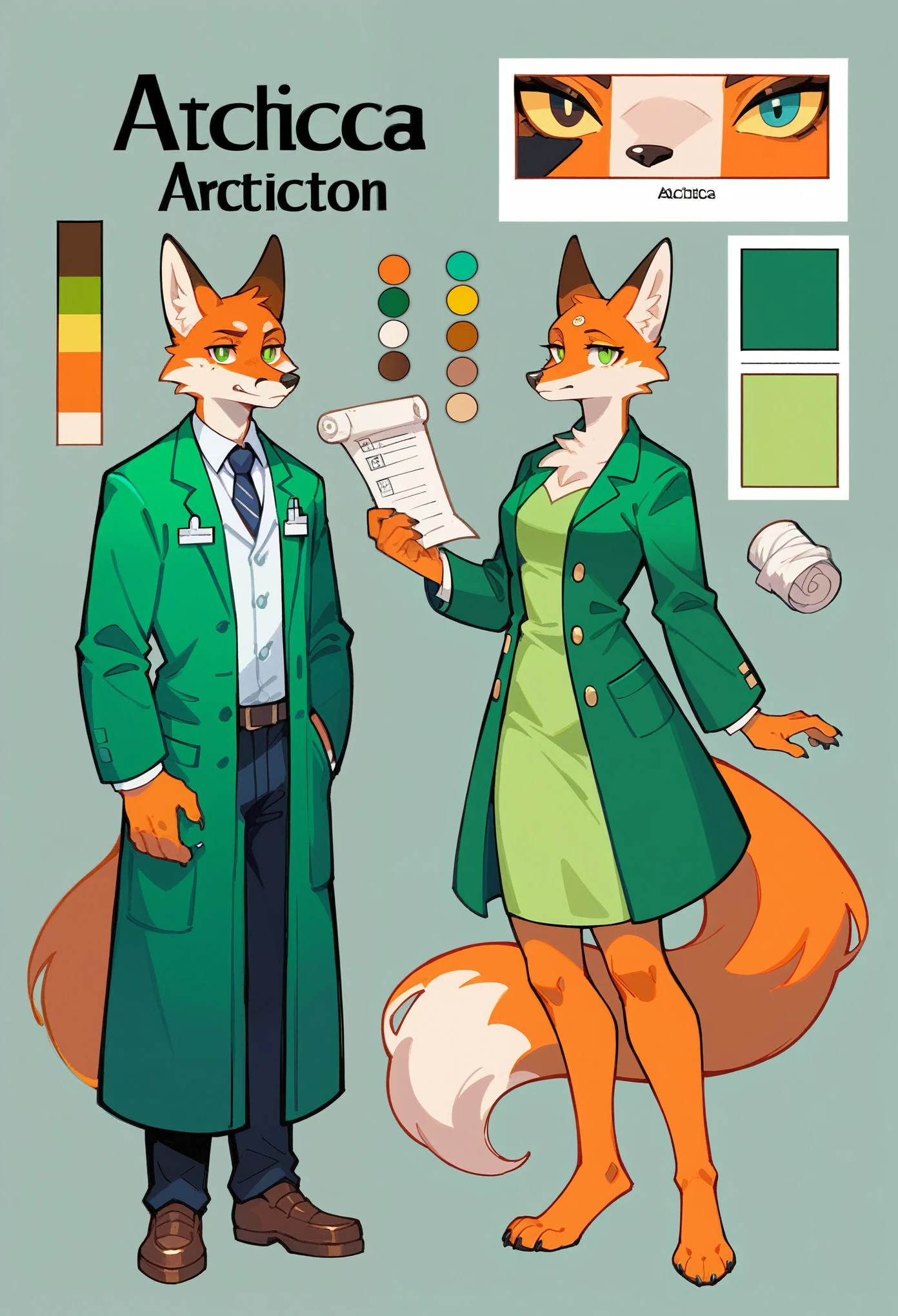 A highly detailed, best quality, RPG style, architect, conceptual art, character sheet, perfect anatomy, anthro furry, paper roll, parchment, fox, non-binary, green dressblazer, doctor, green dress