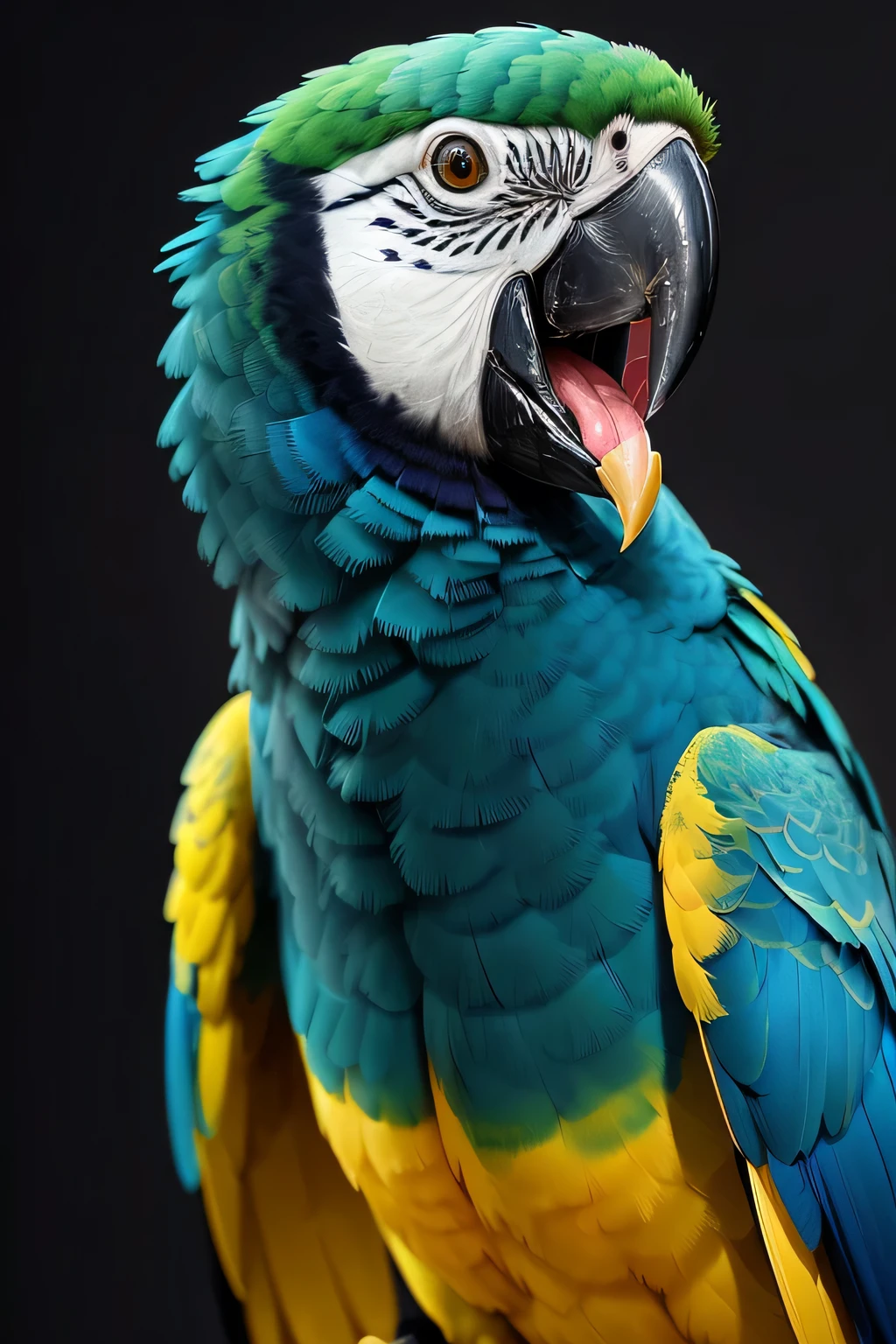 araffy parrot with its mouth open and tongue out, blue arara, convinced expression, parrot, ethereal macaw, convinced, with a yellow beak, inspired by Charles Bird King, convinced smirk, highly colorful, blue and yellow fauna, emplumado, brightly colored, colorful plumage, parrot on head, highly realistic photo, highly contrasted colors, holding the soowsh nike symbol with its beak and its eyes totally white and shiny
