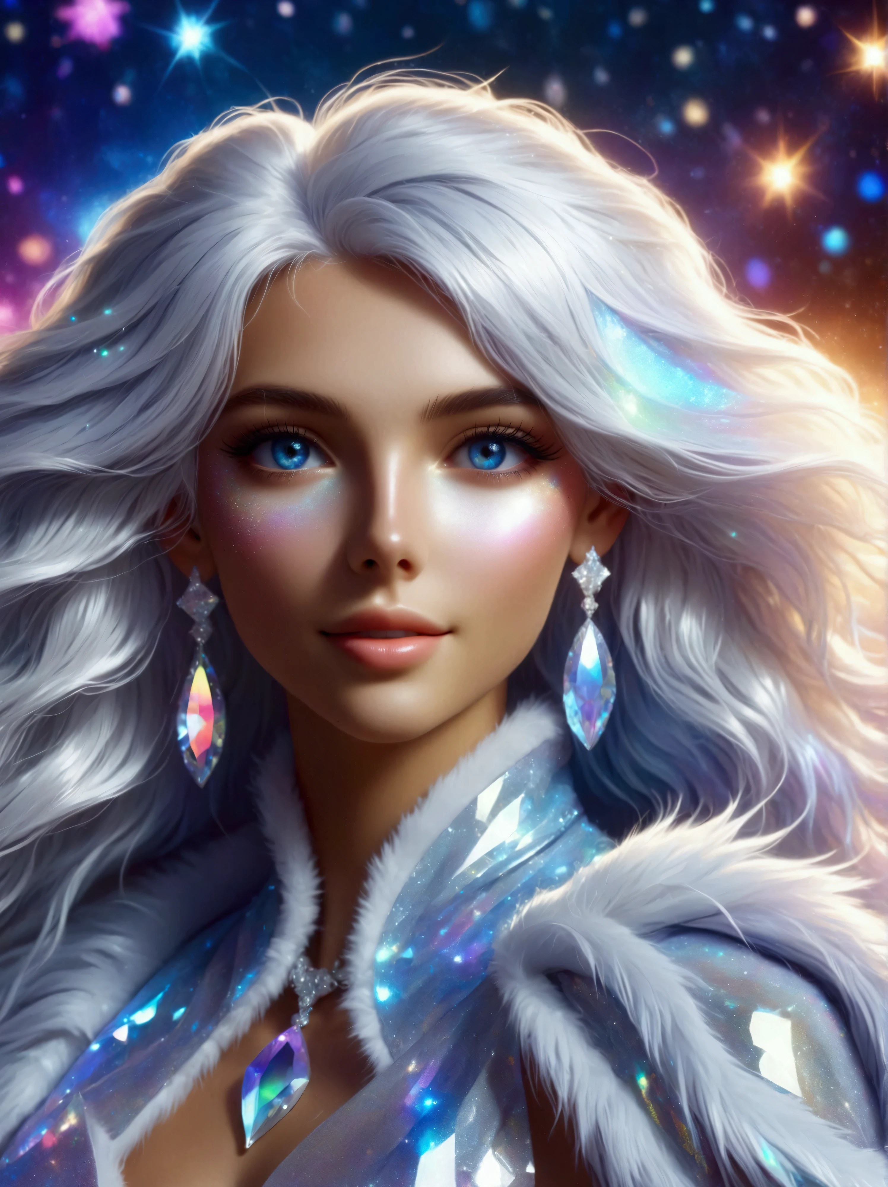create a prompt: a beautiful woman, tanned and pearly skin, long flowing white hair with glitter, perfect face, eyes detailed with mascara colored with glitter, full mouth, stone earring and necklace, wearing holographic, iridescent plastic fabric, shoulders on display, white synthetic fur coat, fashion pose, background illuminated and intricate colored ice crystals, optimize.
