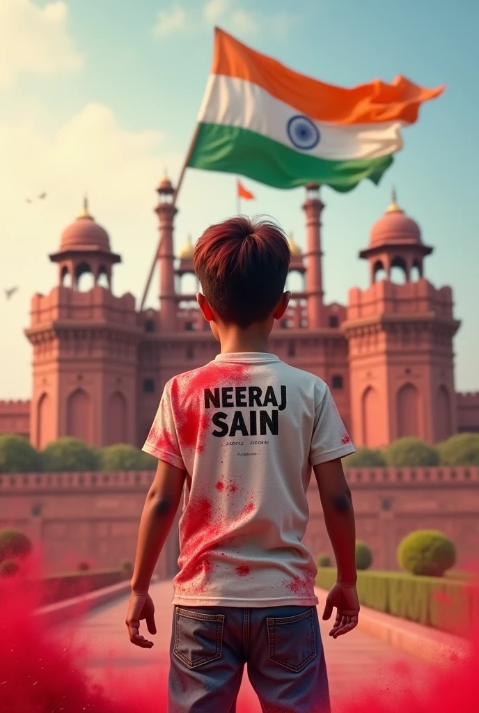 Backside Neeraj saini name t-shirt boy, salut Indian flag, infront of rèd fort,gulal