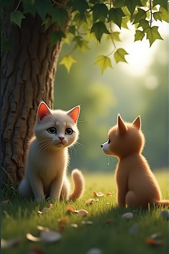 A small, sad-looking cat sitting under a tree, tears in its eyes. The dog stands nearby, noticing the cat for the first time. The scene is emotional, with a close-up of the cat's teary face and the concerned dog.