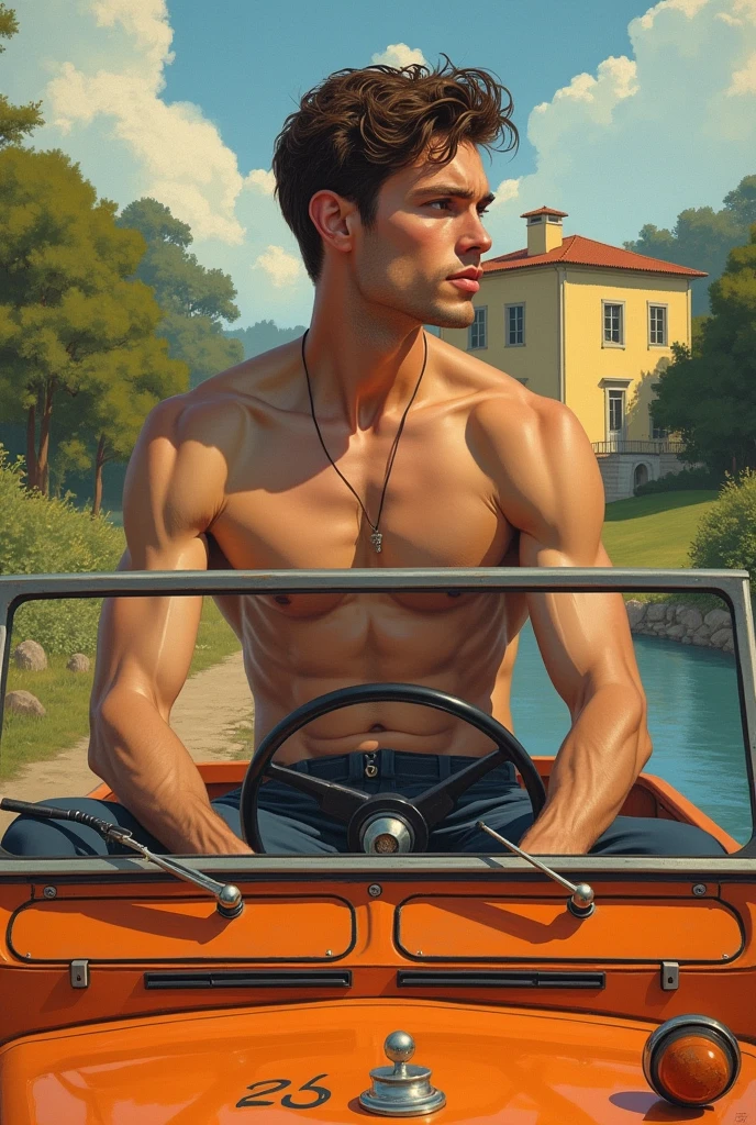 illustration that evoke stoicism men from 25 years old, shirtless, barefoot, strong, slim body Importance of Reason Style: Scientific realism, with a focus on detail and precision. Color palette: Cool, neutral tones (navy blue, gray, white) to convey clarity and objectivity. Expression: A concentrated and determined gaze, brow slightly furrowed in thought. Setting: A young strong handsomen cinnamon sking, driding an orange land rover car background you can see intense yellow mansion pastoral scene, river, garden, golden hour, wide open shot
