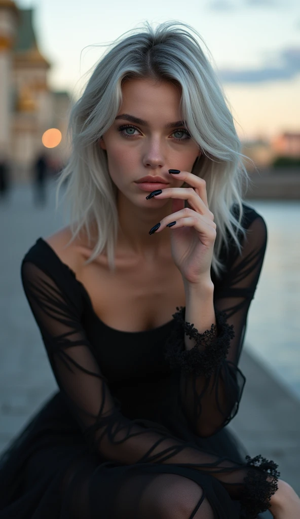 Beautiful girl with white skin, light gray hair, with bright shining eyes, Shiny skin, beautiful black manicure, Beautiful nails, pearl skin, In a black dress, professional photo, 4K, a high resolution, high detail, realistic, looks straight, is sitting, Against the backdrop of St. Petersburg, evening