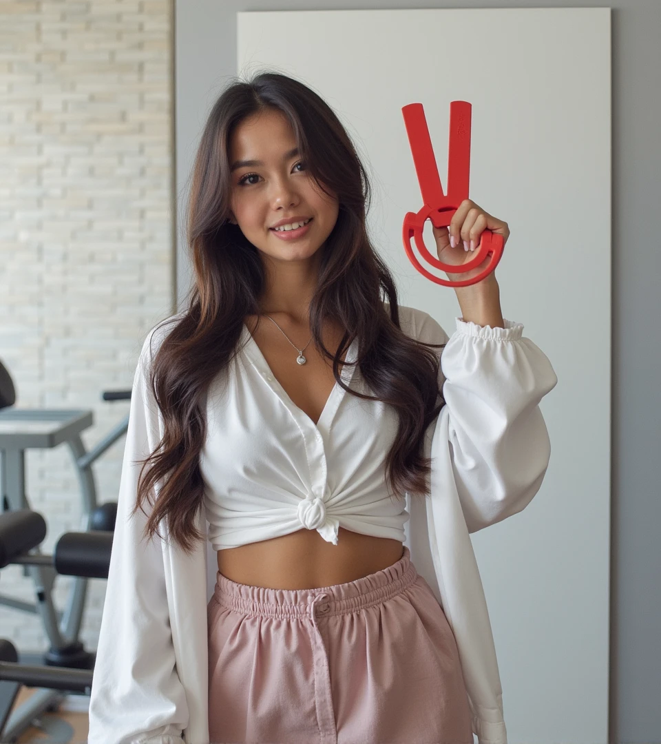 Beautiful 18 year old girl with dark brown hair at the gym 