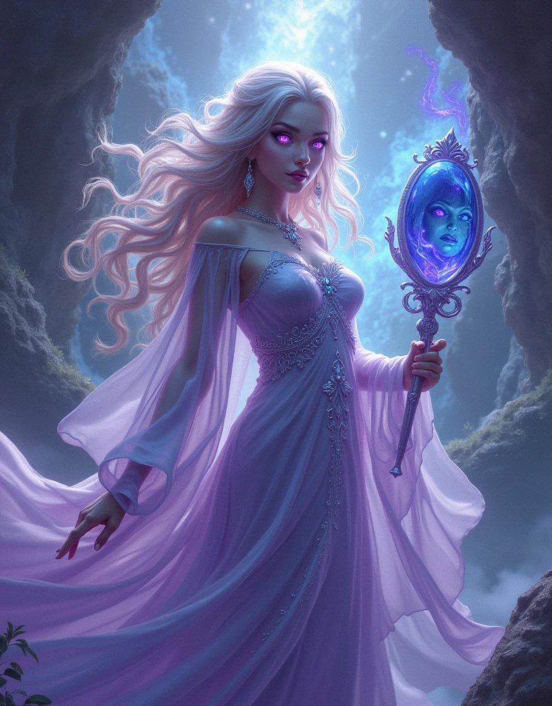 (Goddess of Illusion:1.4), (masterpiece:1.4, best quality), (photo realistic:1.4), ethereal and mysterious appearance, embodying the art of deception and illusion, dressed in flowing, translucent robes that shimmer and change color, adorned with intricate patterns that seem to move and shift, (hair like wisps of mist or smoke, constantly changing form and color:1.2), (eyes that reflect endless, shifting patterns, filled with a mischievous and enigmatic light:1.2), holding a mirror or a staff with a gem that distorts reality, surrounded by swirling illusions, holographic images, and shifting forms, (background of a surreal, dreamlike landscape where reality seems to warp and bend:1.2), (soft, otherworldly lighting that casts both light and shadow, enhancing her mystical aura:1.2), (graceful and elusive pose that conveys her mastery over the realm of illusions:1.2), rich textures, vibrant and iridescent colors, (shifting purples:1.2), (deep blues:1.2), (glowing silvers:1.2), (dynamic composition with flowing lines and a sense of confusion and wonder:1.2), high-quality and detailed, (awe-inspiring and disorienting atmosphere:1.2), mystical and captivating, perfect image quality, symbolizing deception, mystery, and the power of illusion, captivating and enchanting presence