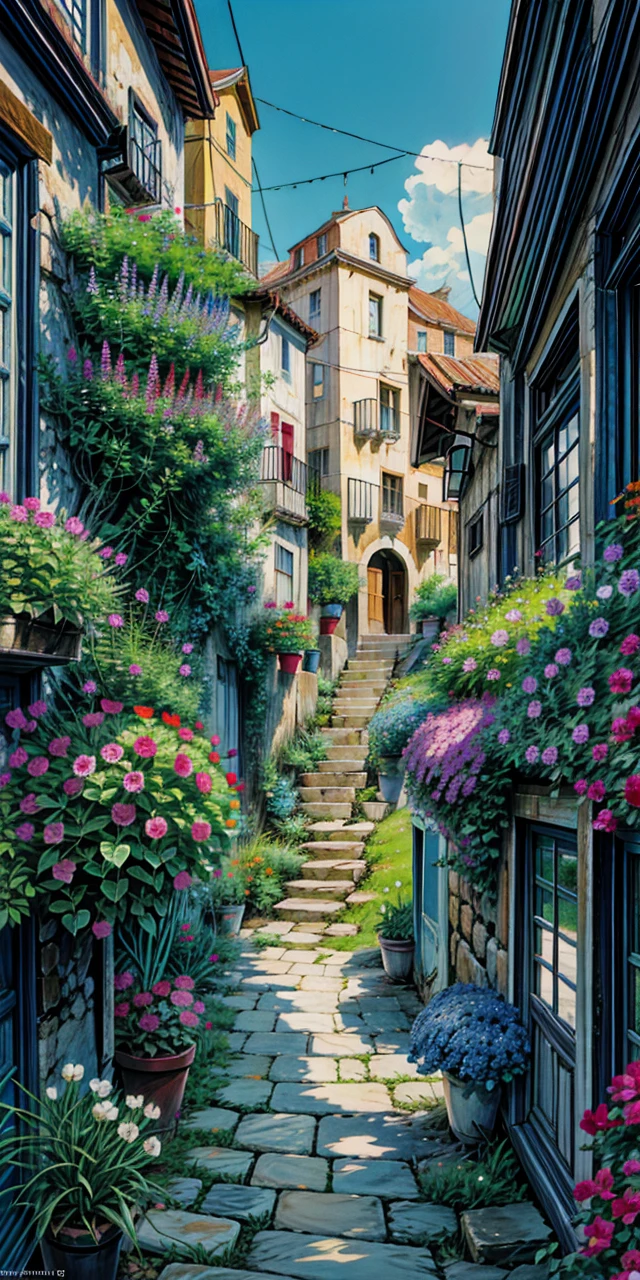 a painting of a narrow street with potted flowers, by Frances Jetter, greek art, by Demetrios Farmakopoulos, narrow street, ancient mediterranean village, greece, colorful landscape painting, gorgeous painting, architectural painting, vibrant gouache painting scenery, colorfull painting, colorful painting, mediterranean fisher village, beautiful painting, narrow streets, art painting, vibrant painting, greek architecture, 4k hd,, beautiful art uhd 4 k, a beautiful artwork illustration, beautiful digital painting, highly detailed digital painting, beautiful digital artwork, detailed painting 4 k, very detailed digital painting, rich picturesque colors, gorgeous digital painting